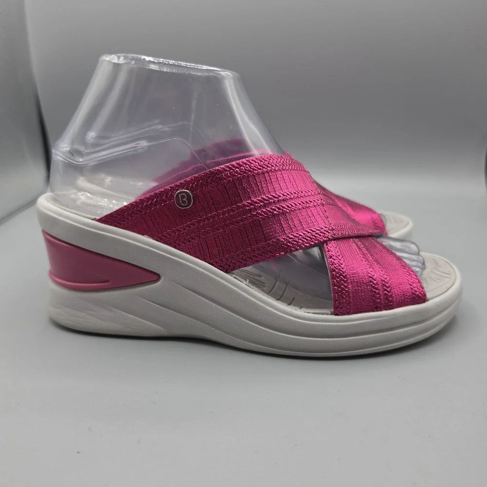 Bzees Sandals Womens 7 M Vista Pink Magenta Metallic Straps Slide Wedge Platform